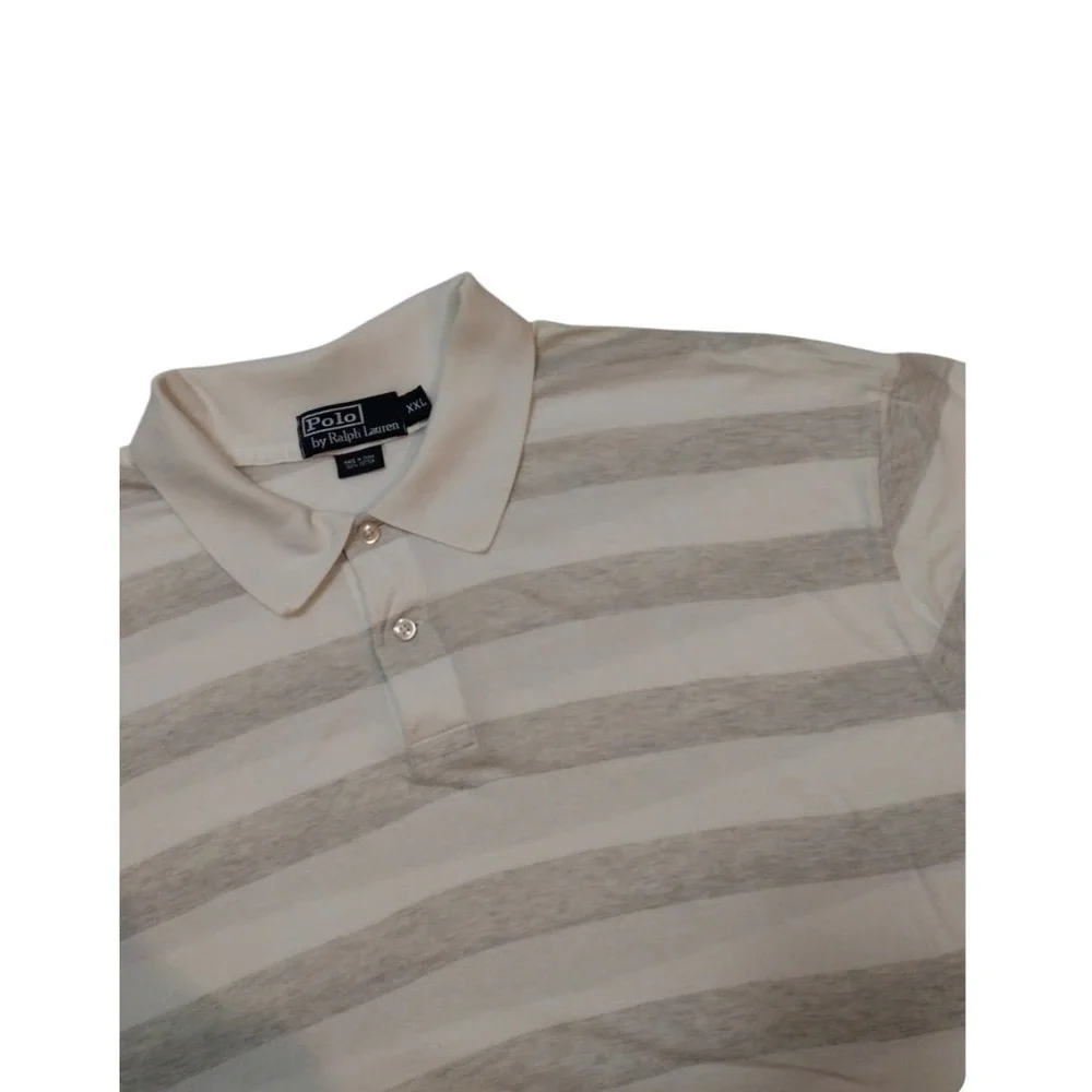VTG Polo By Ralph Lauren Golf Shirt Mans XXL Grey And White Striped Sort Sleeves
